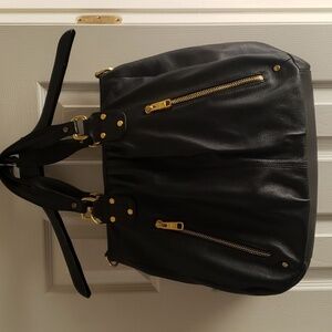 Genuine Black Leather Handbag w/Gold Accent Hardware